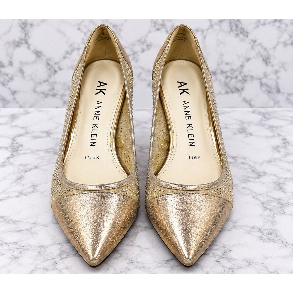 Anne Klein Fadira Size 6 Gold Rhinestone Pointed Toe Kitten Heel Pumps iFlex